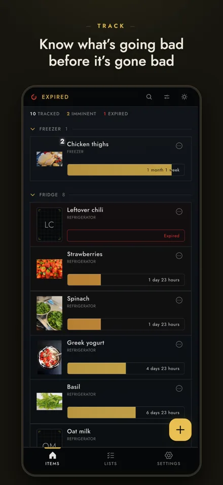 Expired dashboard screen — a live countdown on every tracked item, sorted by urgency