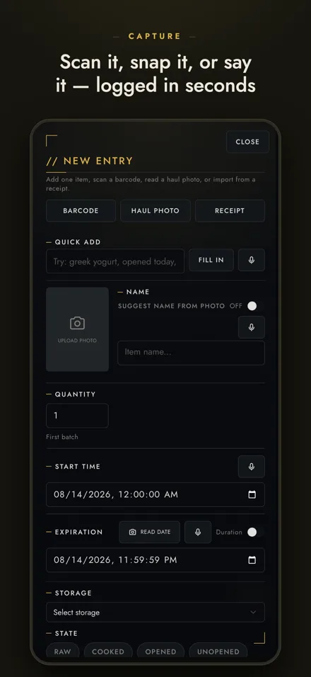 Expired capture screen — barcode, photo, and voice entry