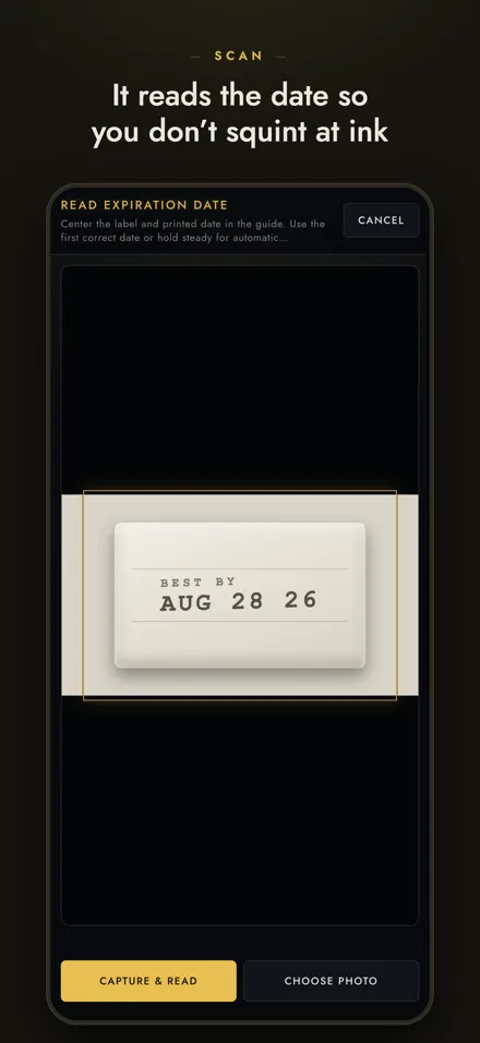 Expired date scan screen — the camera reading a stamped best-by date